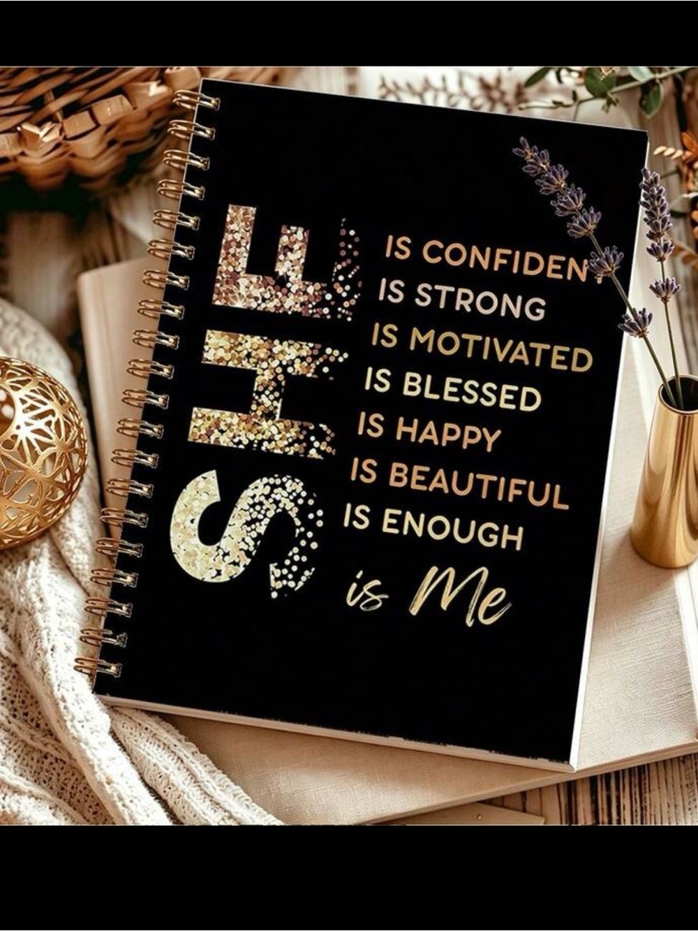 Inspirational 'She Is Me' Black & Gold Spiral Notebook